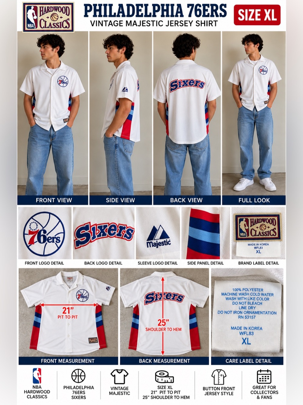 Vintage NBA Hardwood Classics Philadelphia 76ers Sixers Majestic Jersey Shirt XL